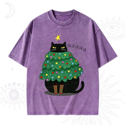 Purplehecate Chonky Black Cat Christmas Tree Washed T-Shirt