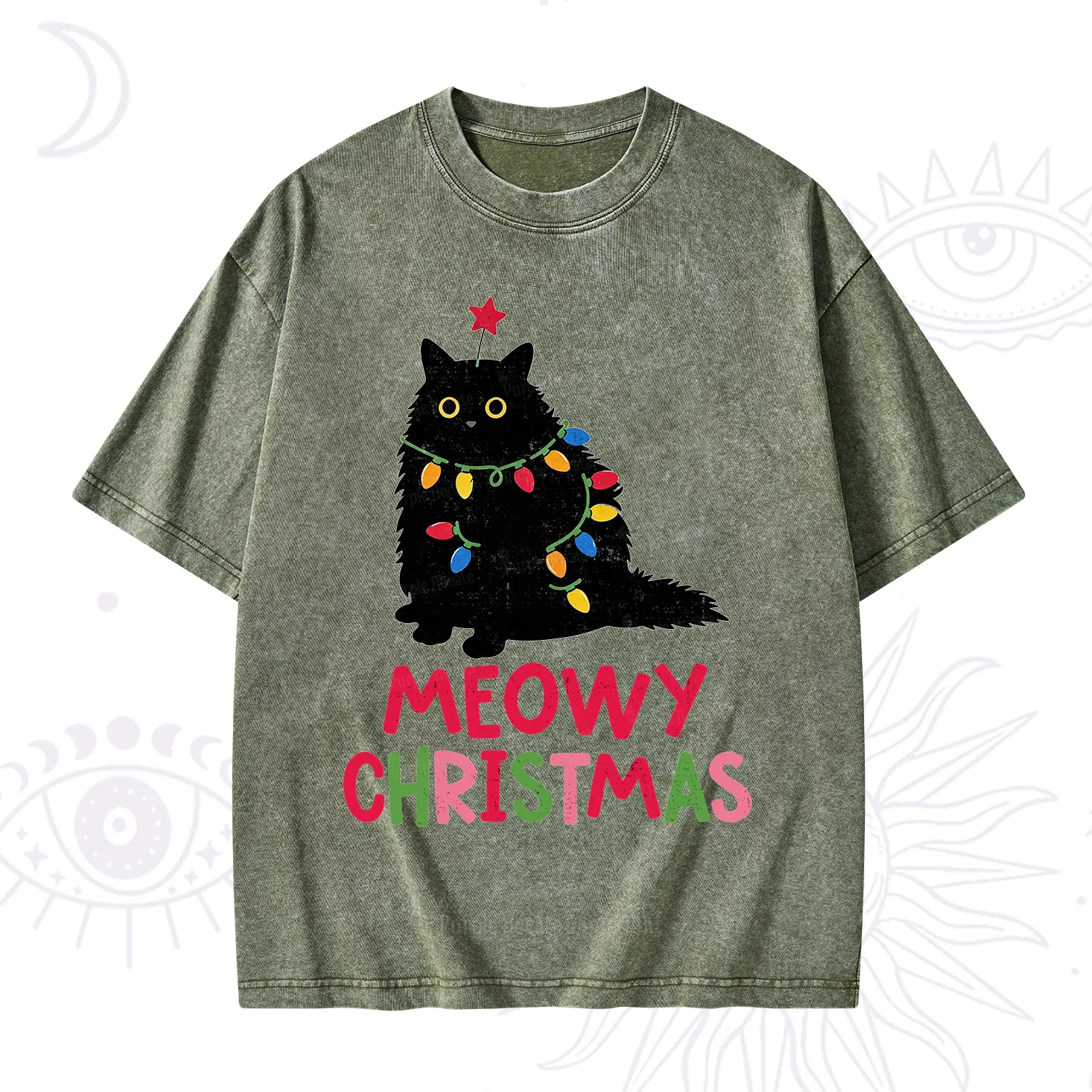 Purplehecate Meowy Christmas Black Cat Washed T-Shirt