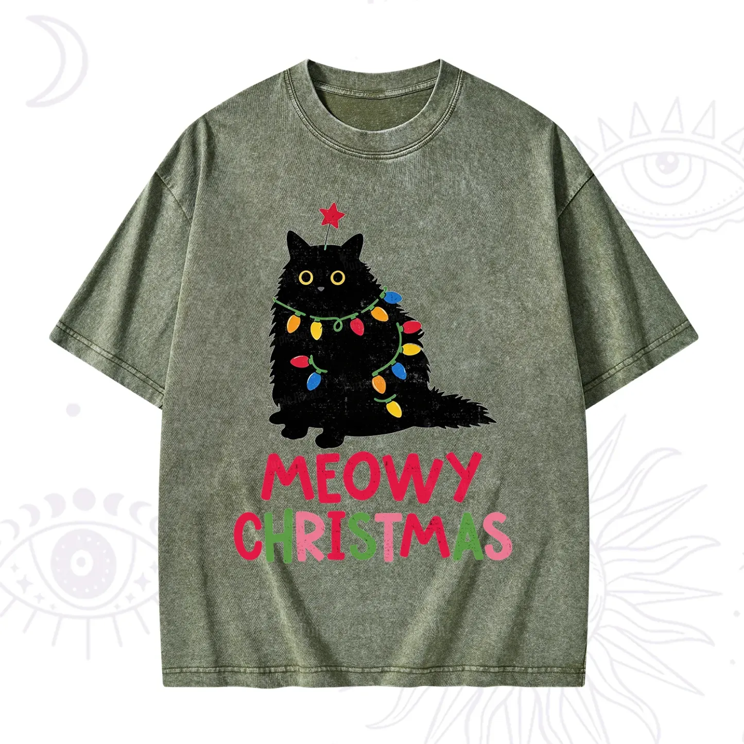 Purplehecate Meowy Christmas Black Cat Washed T-Shirt