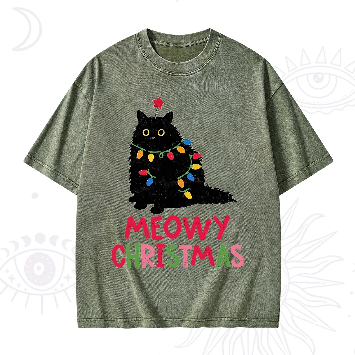 Purplehecate Meowy Christmas Black Cat Washed T-Shirt