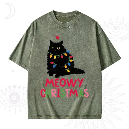Purplehecate Meowy Christmas Black Cat Washed T-Shirt