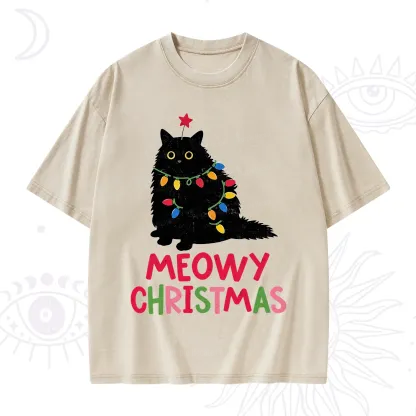 Purplehecate Meowy Christmas Black Cat Washed T-Shirt