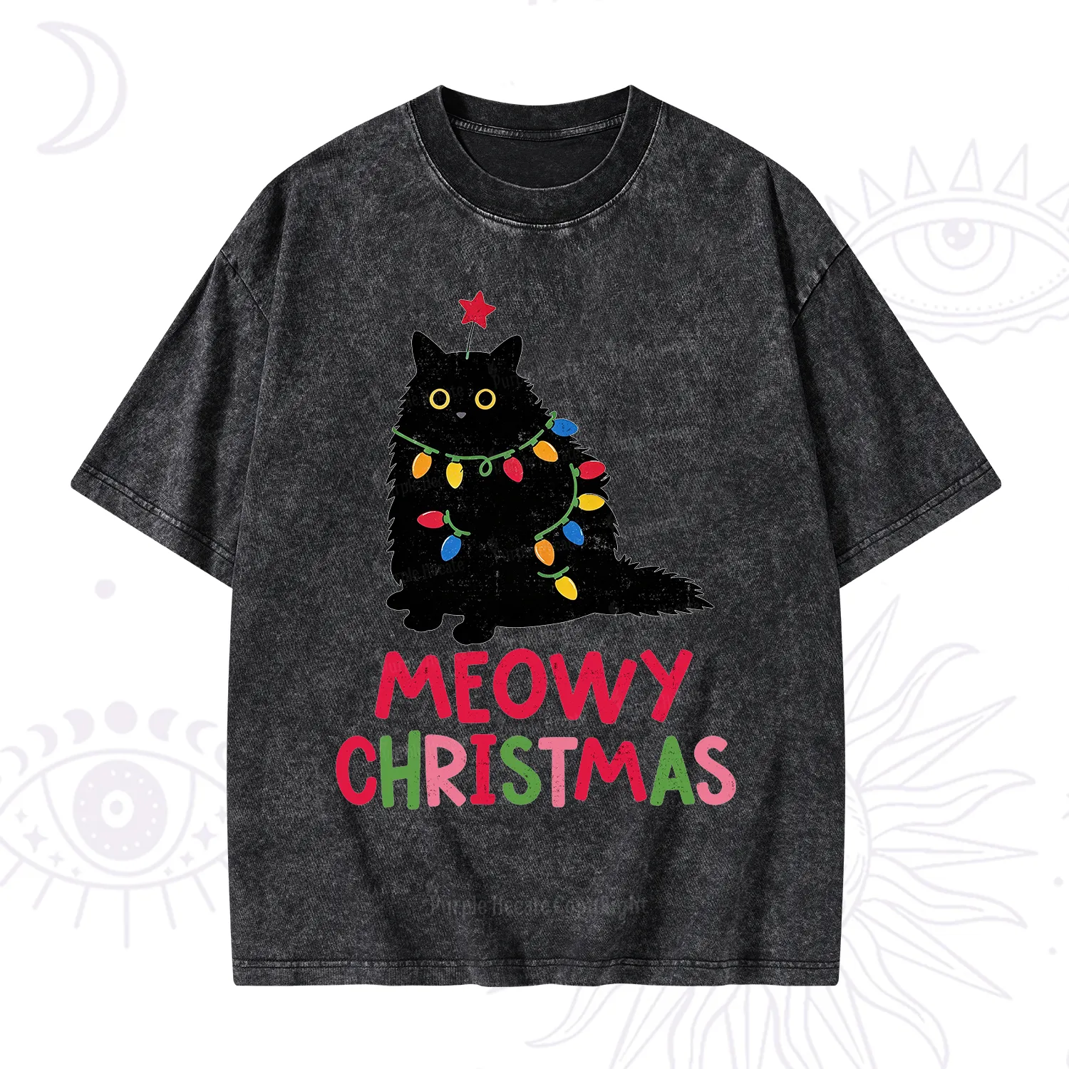 Purplehecate Meowy Christmas Black Cat Washed T-Shirt