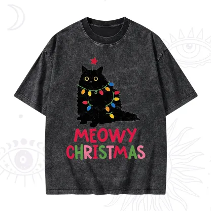 Purplehecate Meowy Christmas Black Cat Washed T-Shirt