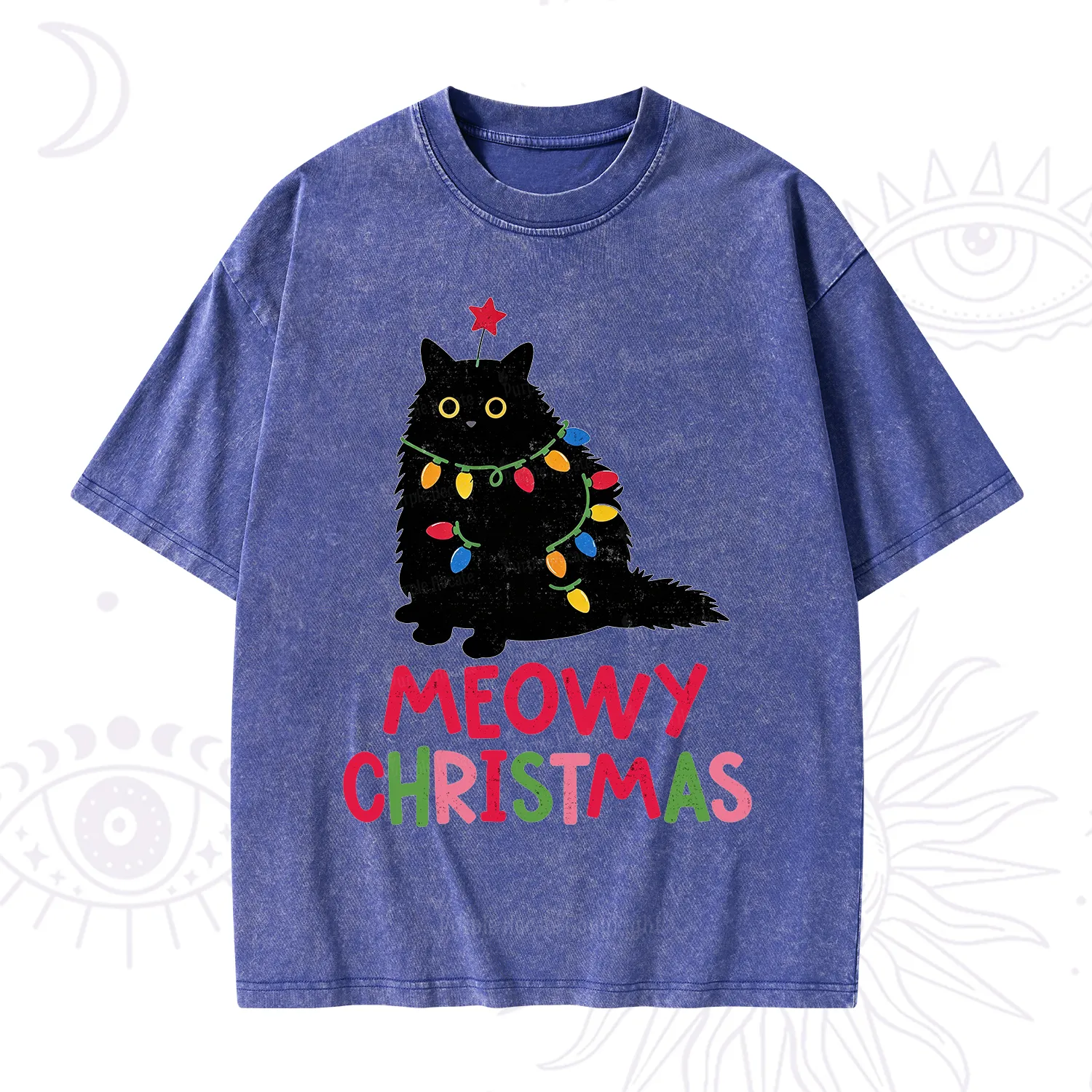 Purplehecate Meowy Christmas Black Cat Washed T-Shirt