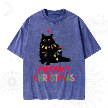 Purplehecate Meowy Christmas Black Cat Washed T-Shirt