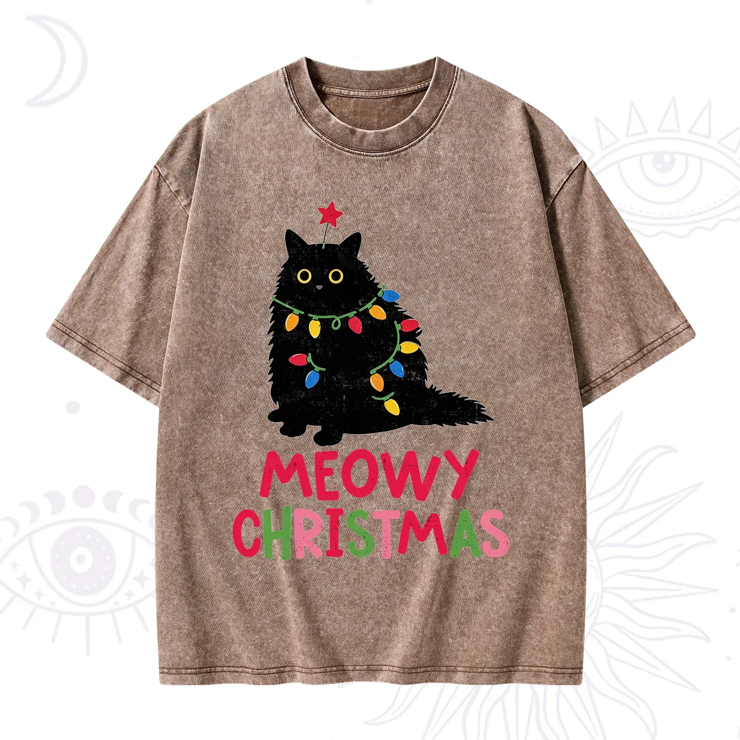 Purplehecate Meowy Christmas Black Cat Washed T-Shirt