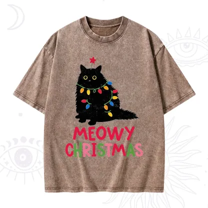 Purplehecate Meowy Christmas Black Cat Washed T-Shirt