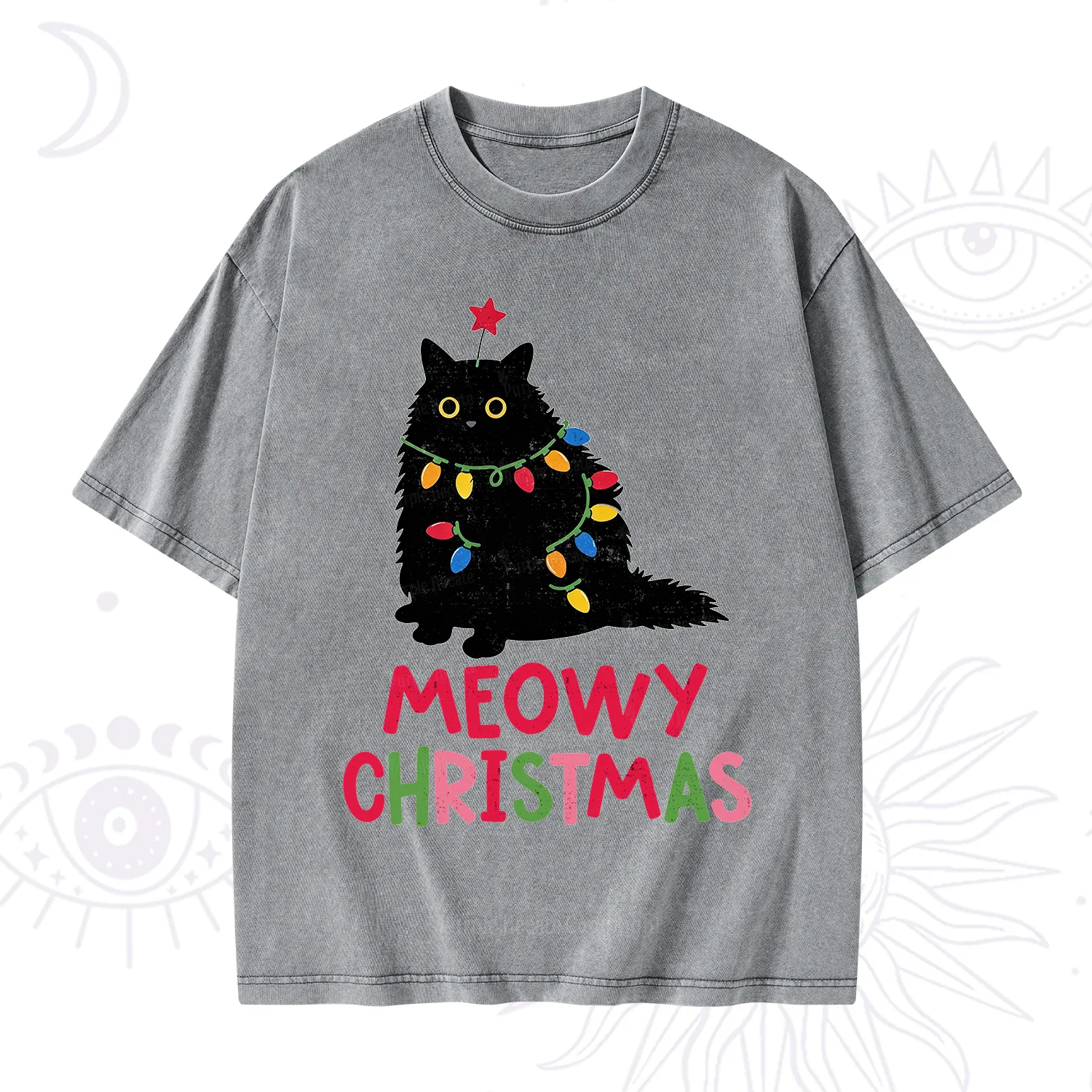 Purplehecate Meowy Christmas Black Cat Washed T-Shirt