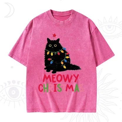 Purplehecate Meowy Christmas Black Cat Washed T-Shirt