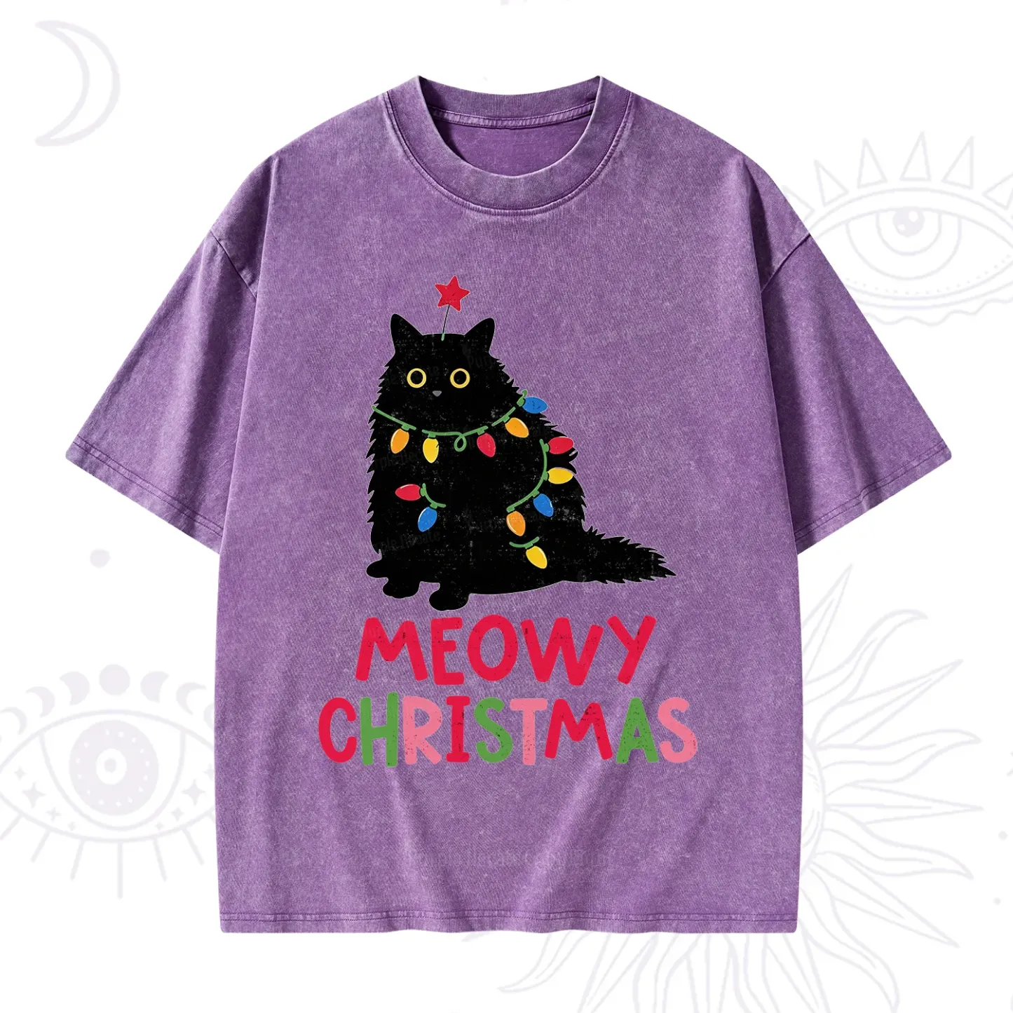 Purplehecate Meowy Christmas Black Cat Washed T-Shirt