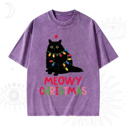 Purplehecate Meowy Christmas Black Cat Washed T-Shirt