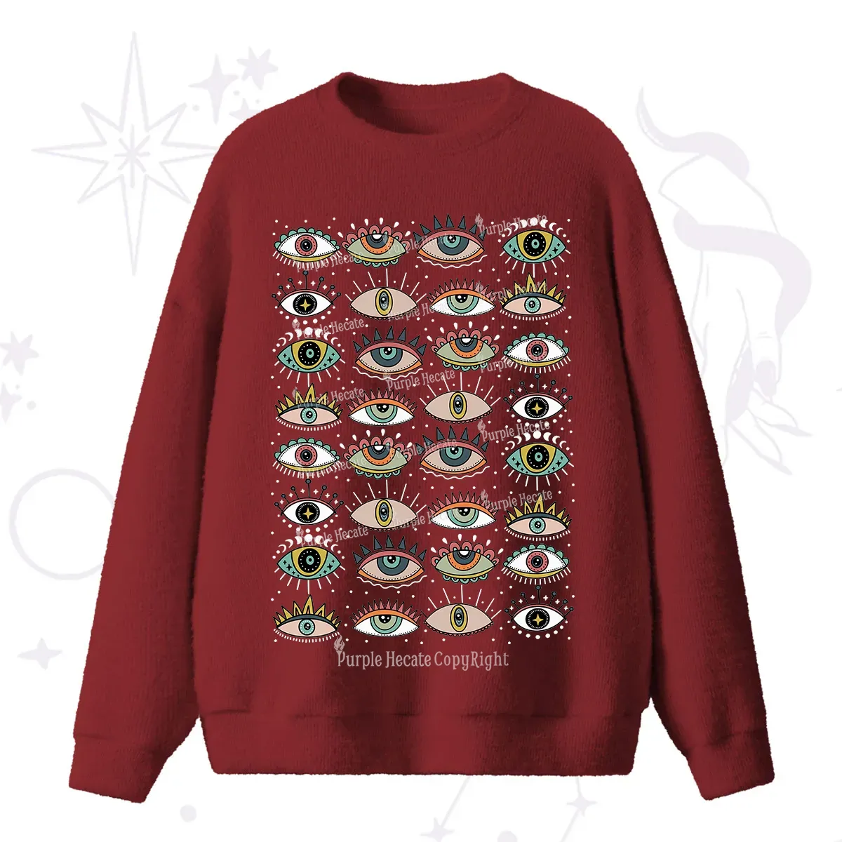 Purplehecate Evil Eye Pattern Fuzzy Ugly Sweater