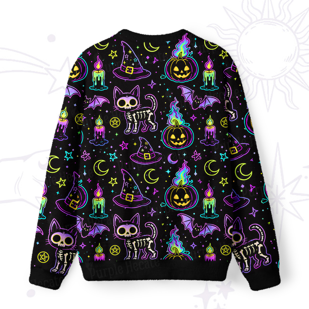 Purplehecate Neon Halloween Skeleton Cat Fuzzy Ugly Sweatshirt