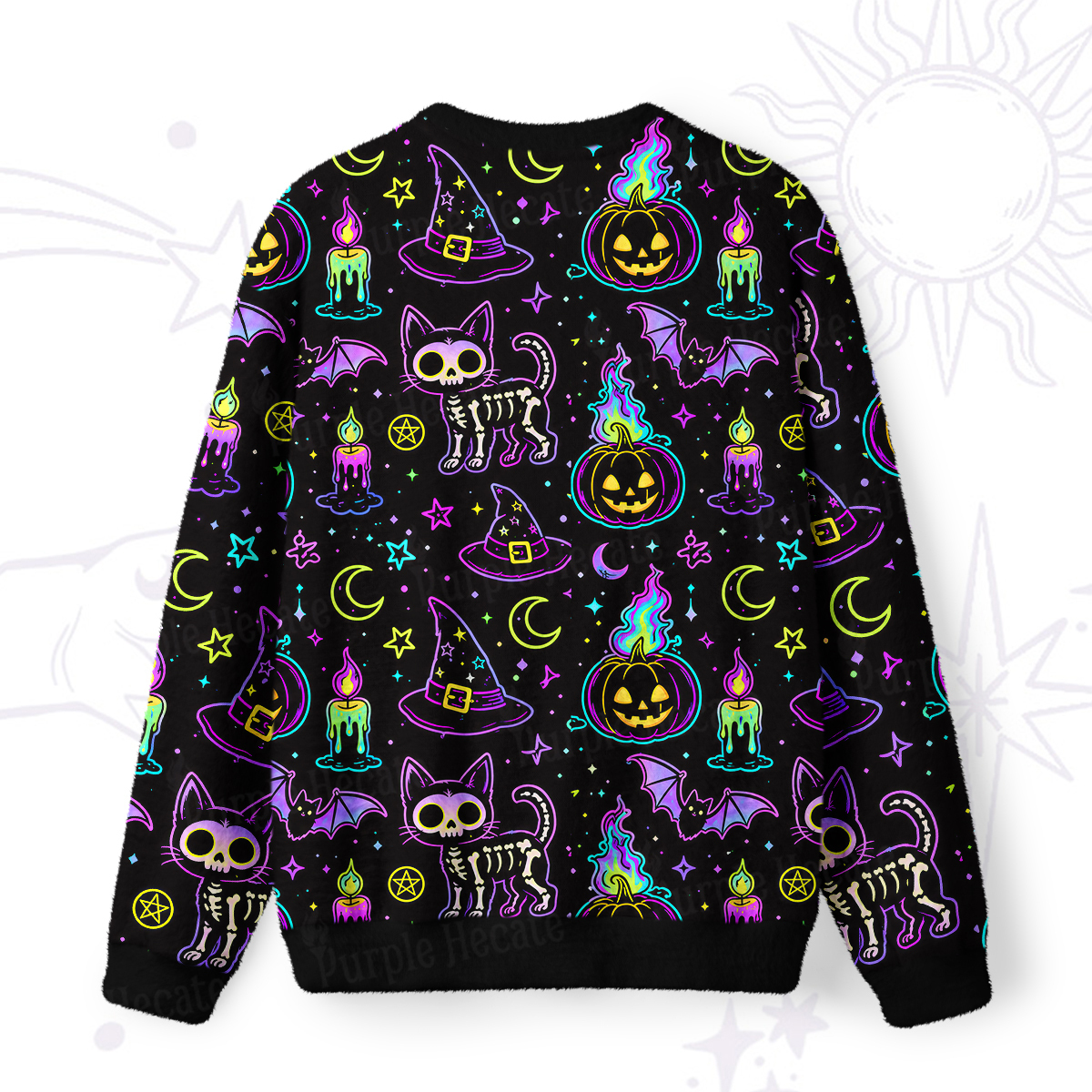 Purplehecate Neon Halloween Skeleton Cat Fuzzy Ugly Sweatshirt