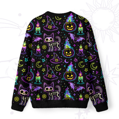 Purplehecate Neon Halloween Skeleton Cat Fuzzy Ugly Sweatshirt