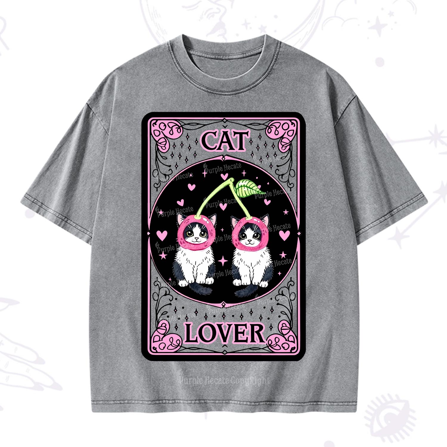 Purplehecate The Lovers Cherry Cat Tarot Washed T-Shirt