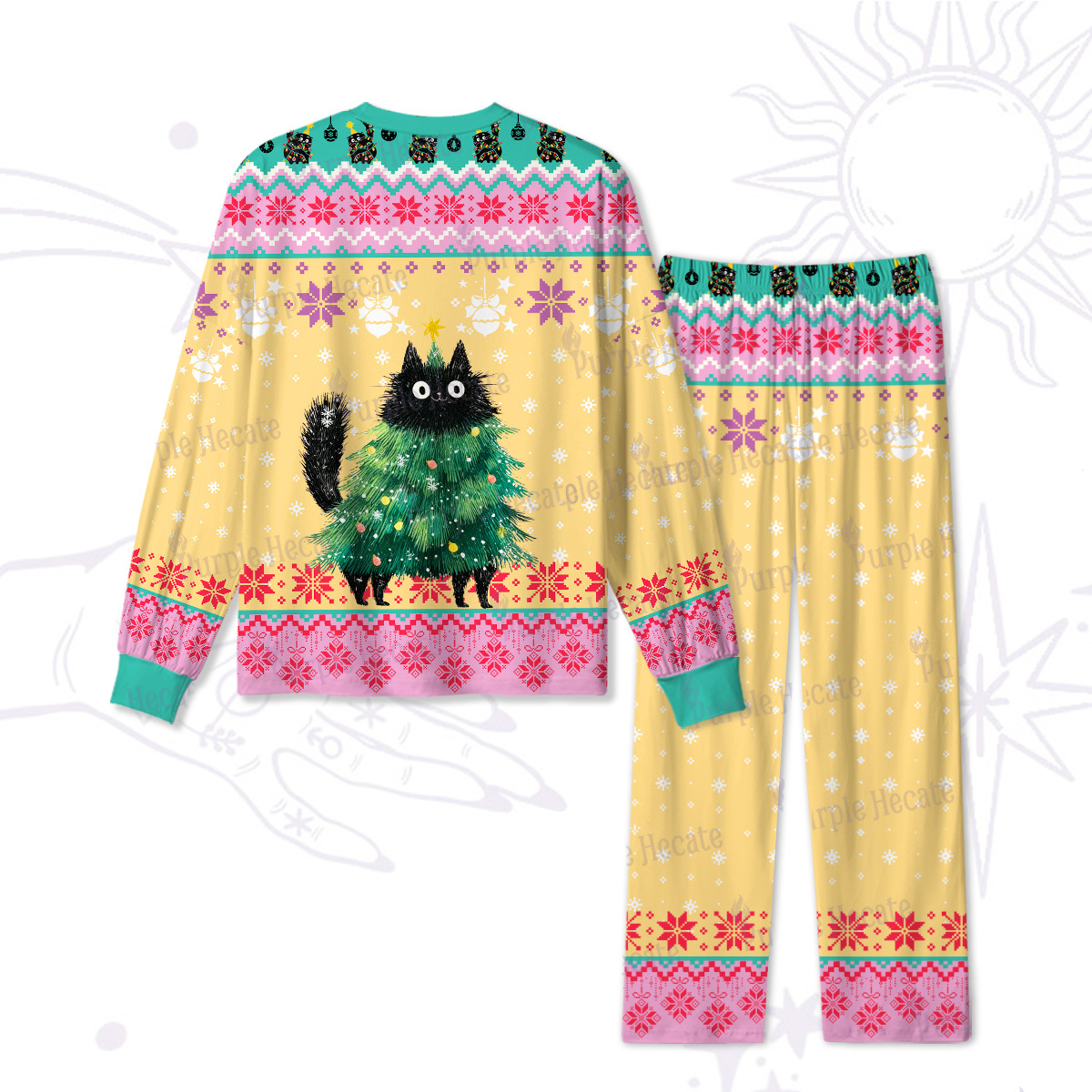 Purplehecate Funny Black Cat in Tree Christmas Pajamas