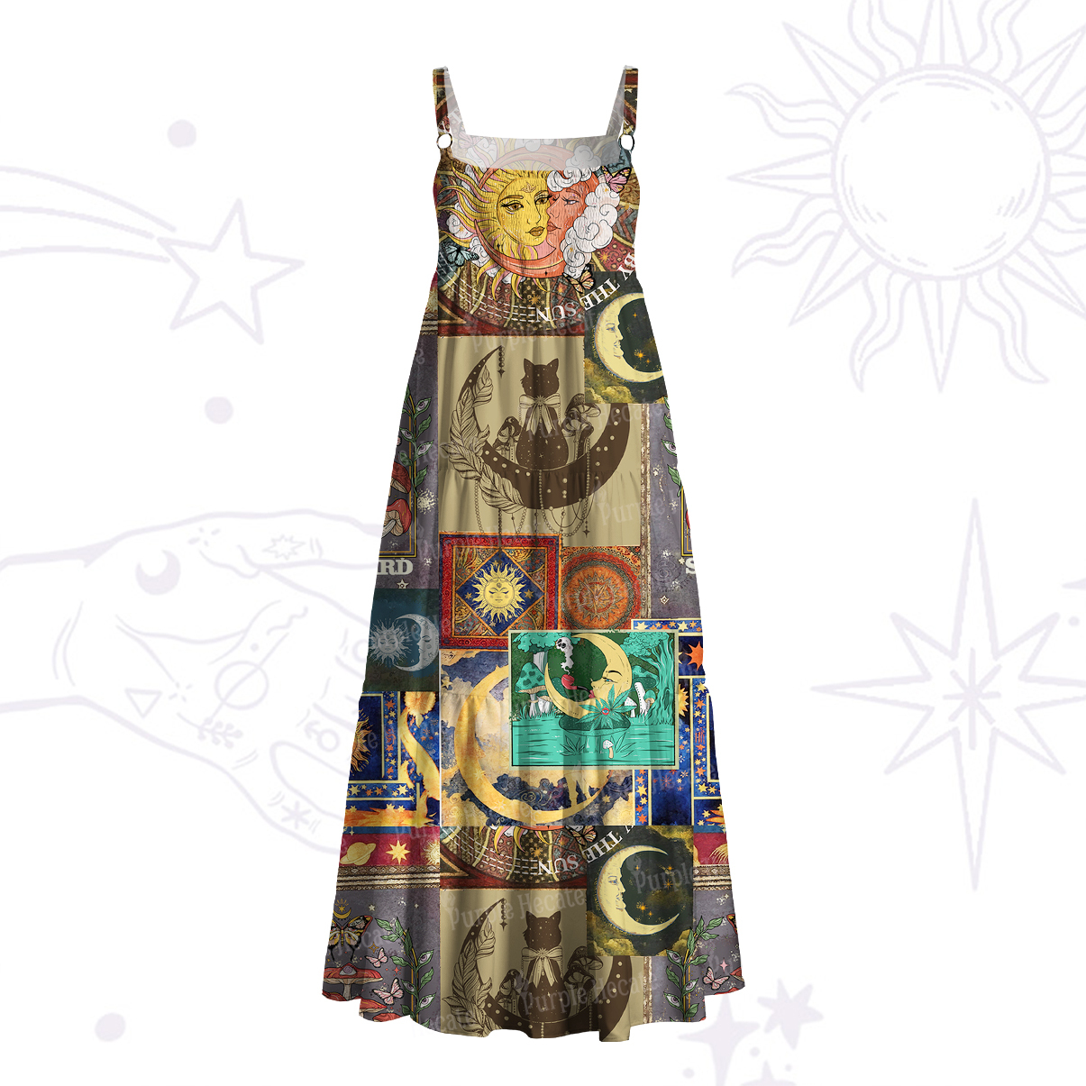 Purplehecate Starry Moon Patchwork for Cosmic Lovers Wide Straps Maxi Dress