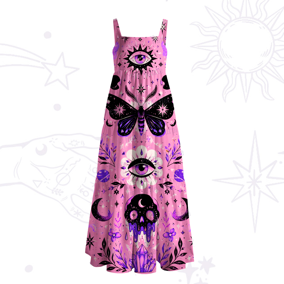 Purplehecate Dark Moth Third Eye Skull Wide Straps Maxi Dress