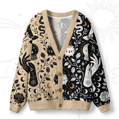 Purplehecate Dual Witch Hands Moon Phase Ugly Cardigan Sweaters
