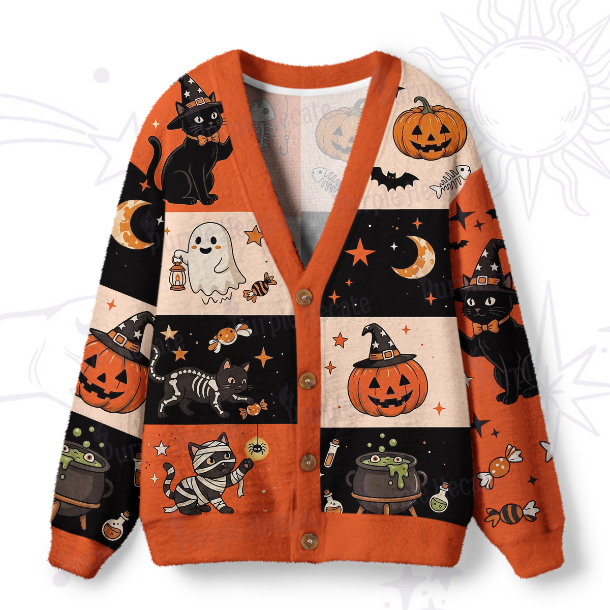 Purplehecate Ghost & Pumpkin Wonderland Patchwork Ugly Cardigan Sweaters