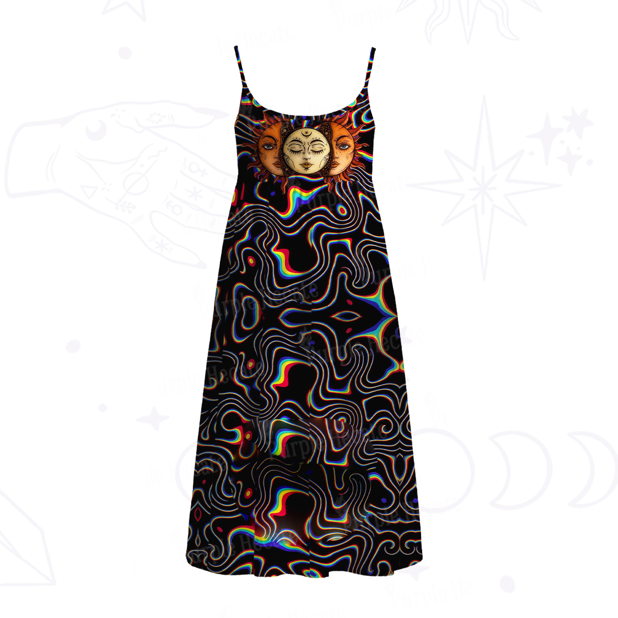 Purplehecate Psychedelic Sun and Moon Spaghetti Strap Midi Dress