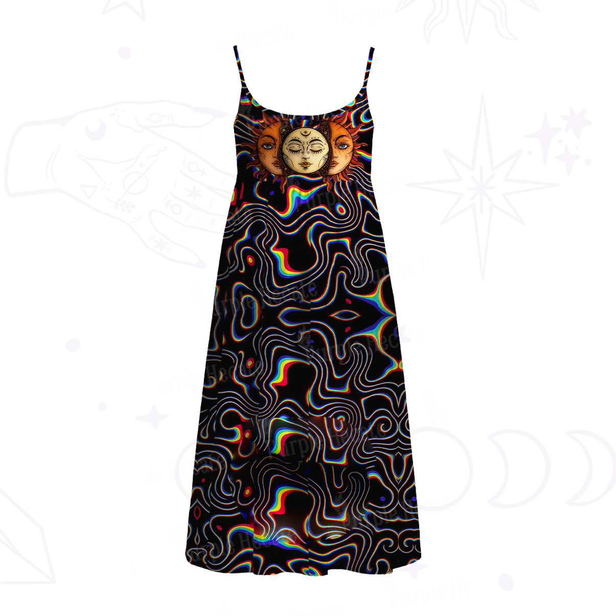 Purplehecate Psychedelic Sun and Moon Spaghetti Strap Midi Dress
