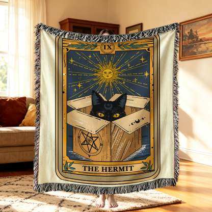 Purplehecate The Hermit Cat Tarot Card Woven Tapestry Blanket