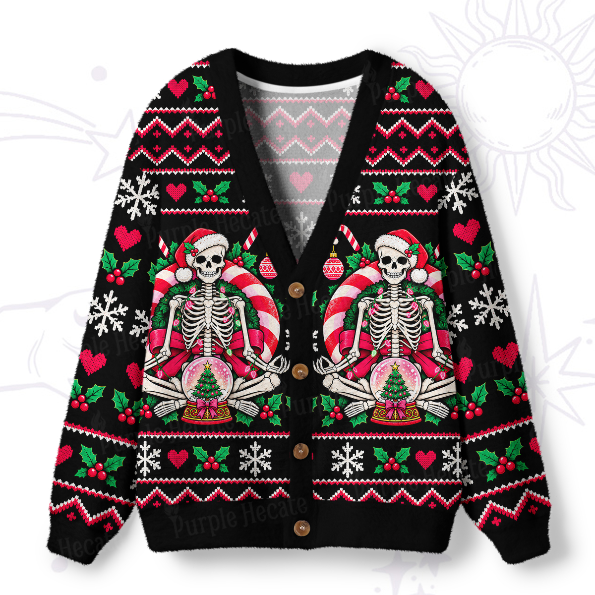 Purplehecate Meditating Skeleton Christmas Candy Ugly Cardigan Sweaters