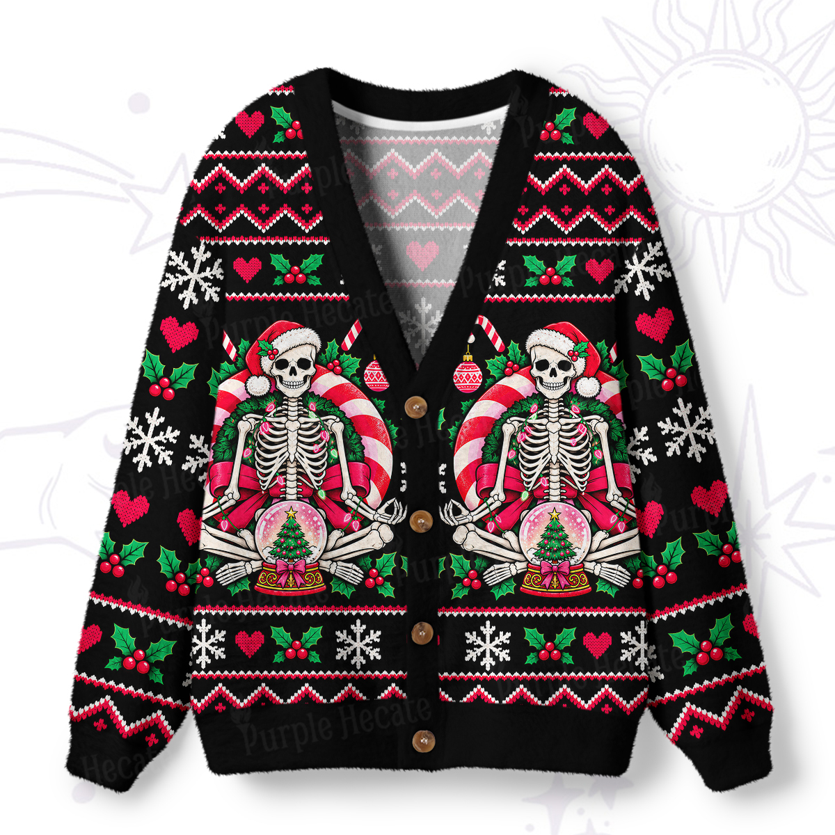 Purplehecate Meditating Skeleton Christmas Candy Ugly Cardigan Sweaters