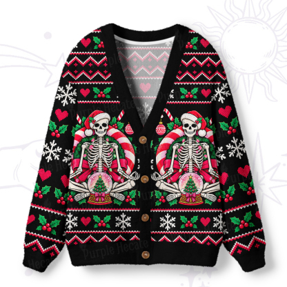 Purplehecate Meditating Skeleton Christmas Candy Ugly Cardigan Sweaters