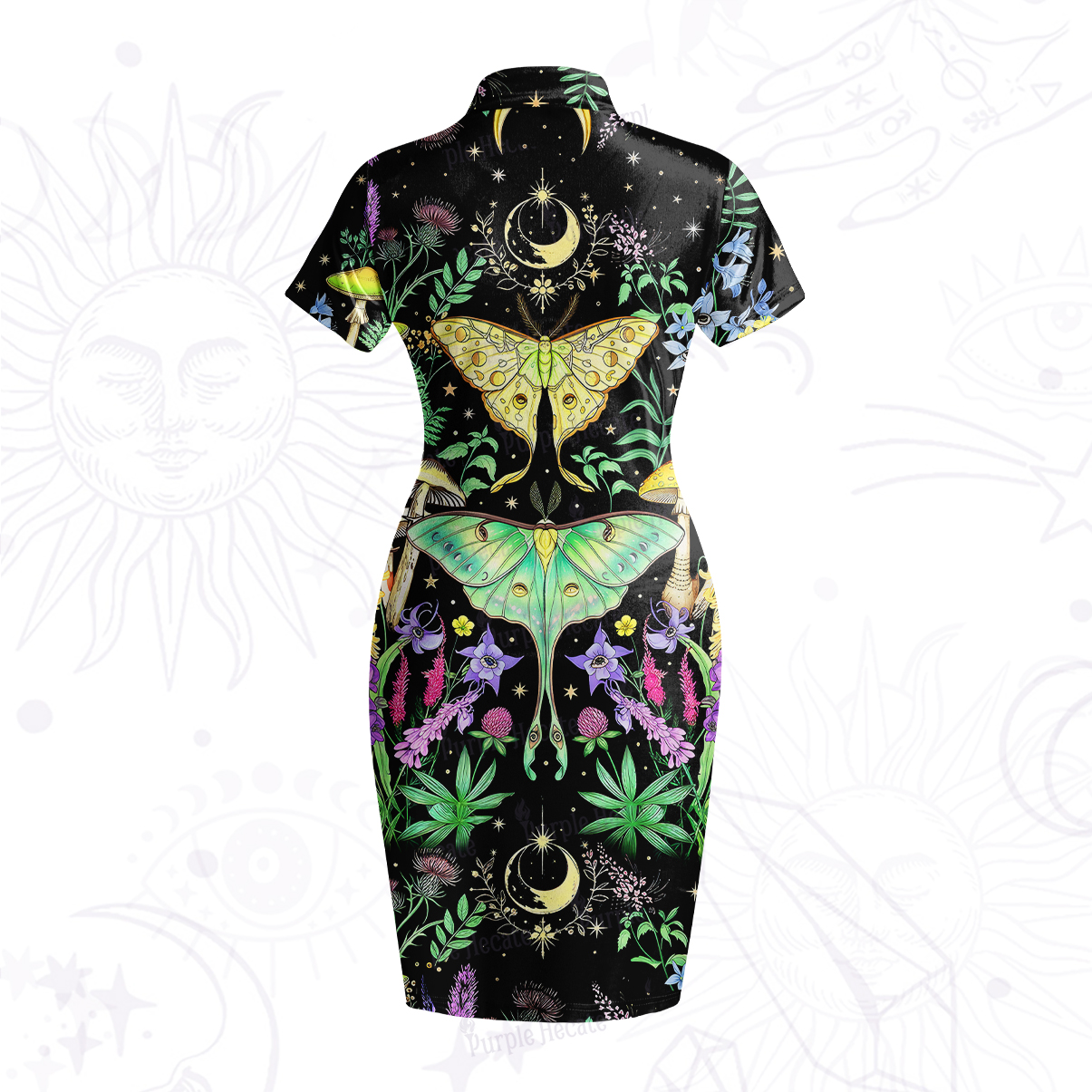 Purplehecate Mystic Lunar Moth Herbal Forest Velvet Bodycon Dress