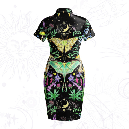Purplehecate Mystic Lunar Moth Herbal Forest Velvet Bodycon Dress