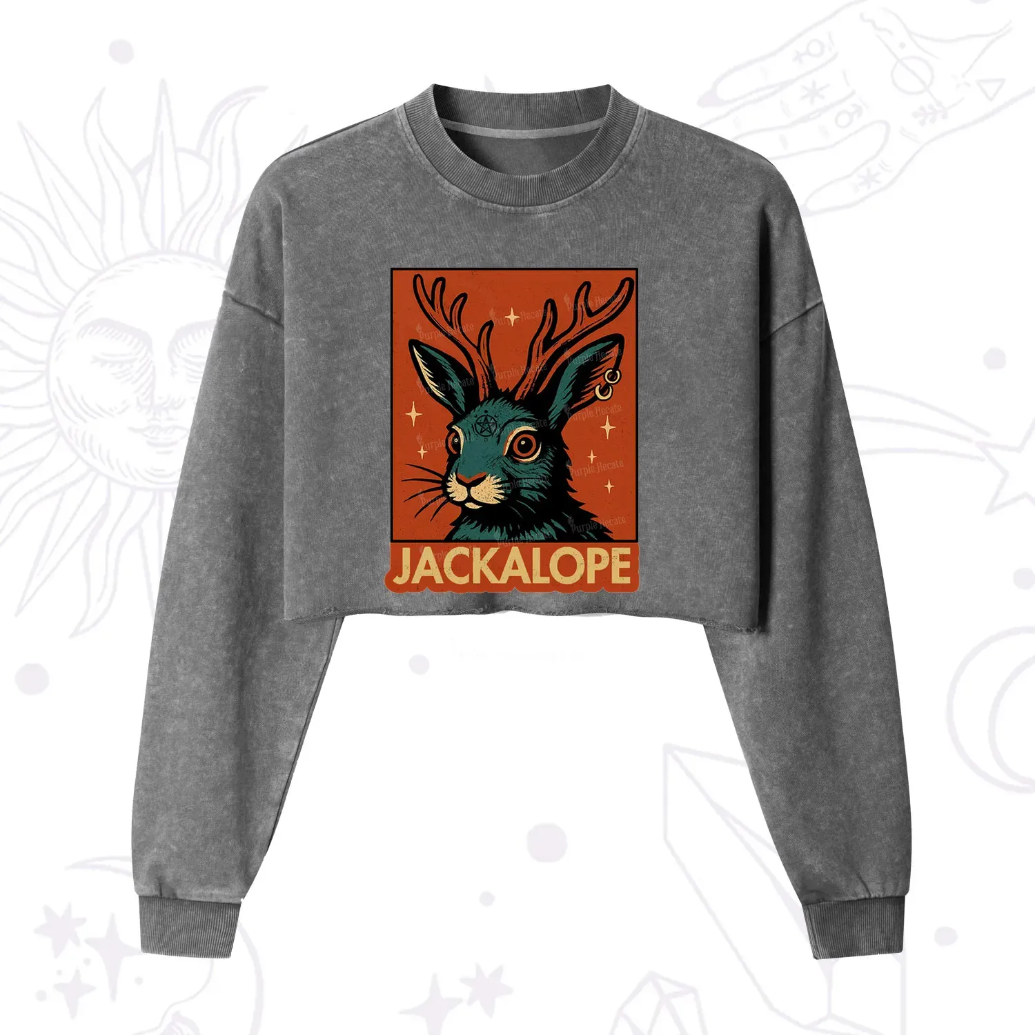 Purplehecate Funny Jackalope Cropped Washed Sweatshirt