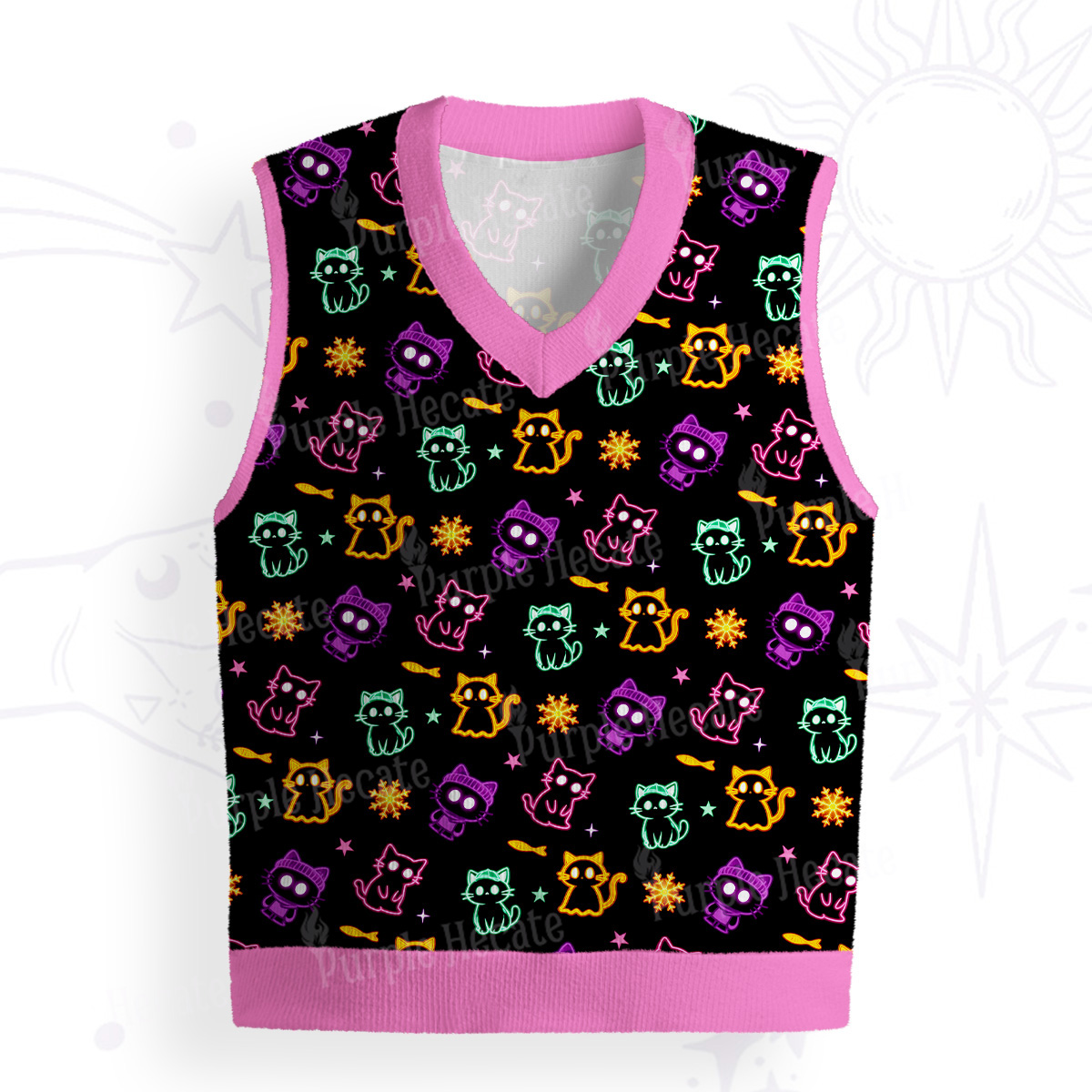 Purplehecate Neon Cat Party Ugly Sweater Vest