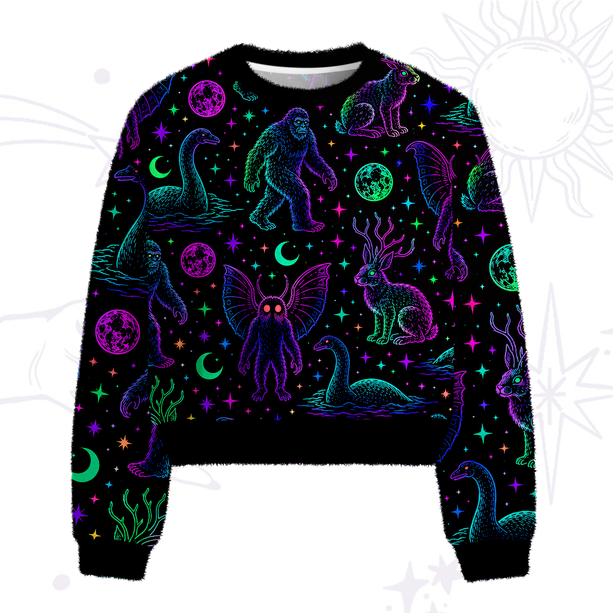 Purplehecate Neon Cryptid Creatures Fuzzy Crewneck Sweater