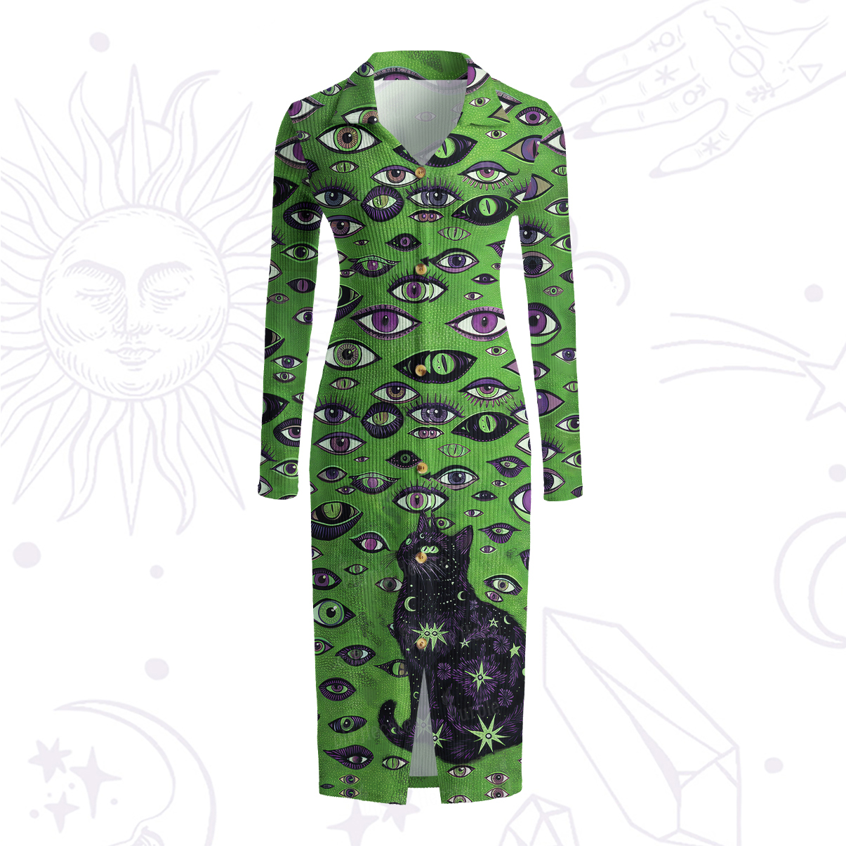 Purplehecate Cosmic Watcher Cat Ribbed Knit Dress