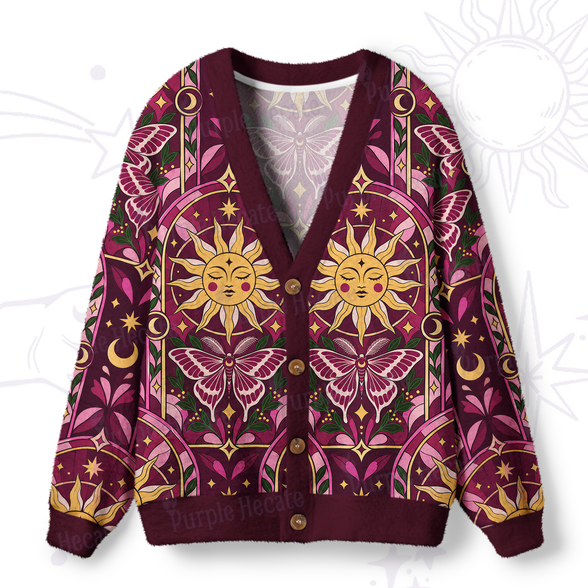 Purplehecate Celestial Sun and Luna Moth Pattern Ugly Cardigan Sweaters