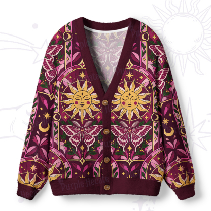 Purplehecate Celestial Sun and Luna Moth Pattern Ugly Cardigan Sweaters