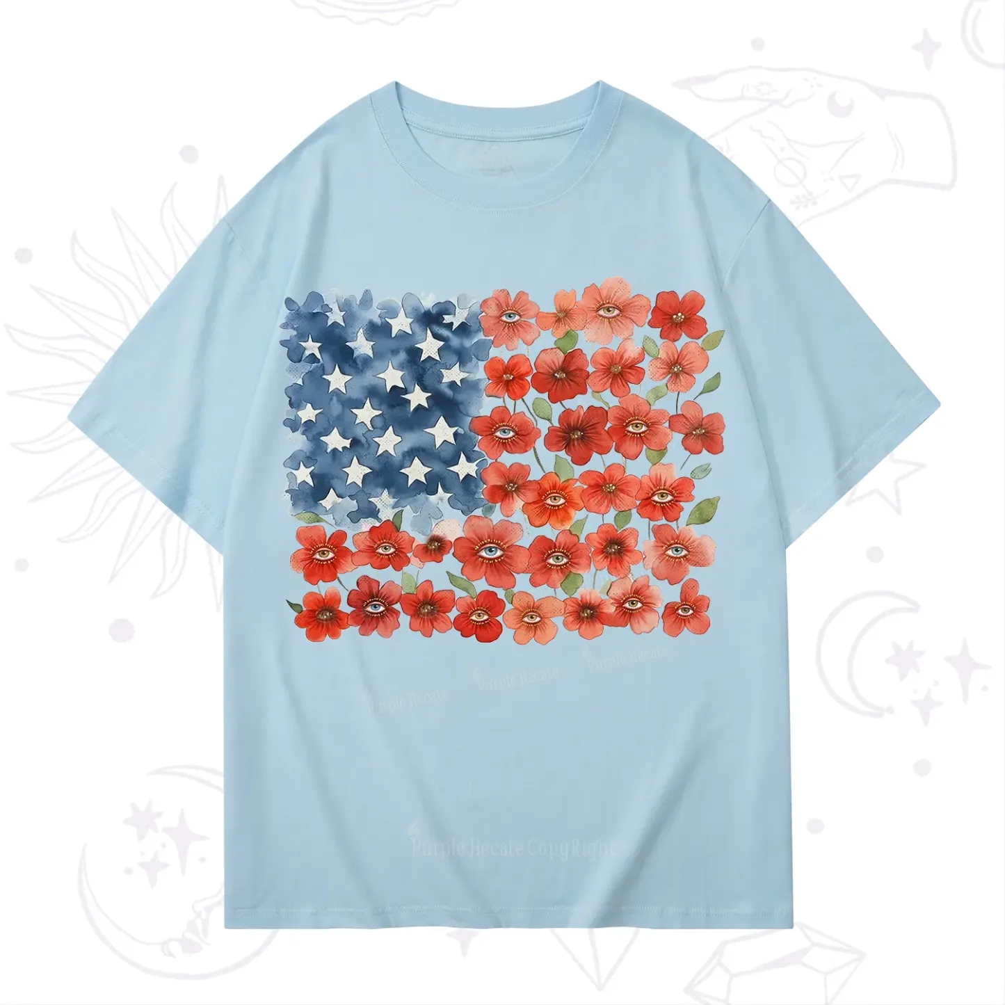 Purplehecate Floral Watercolor American Flag T-Shirt