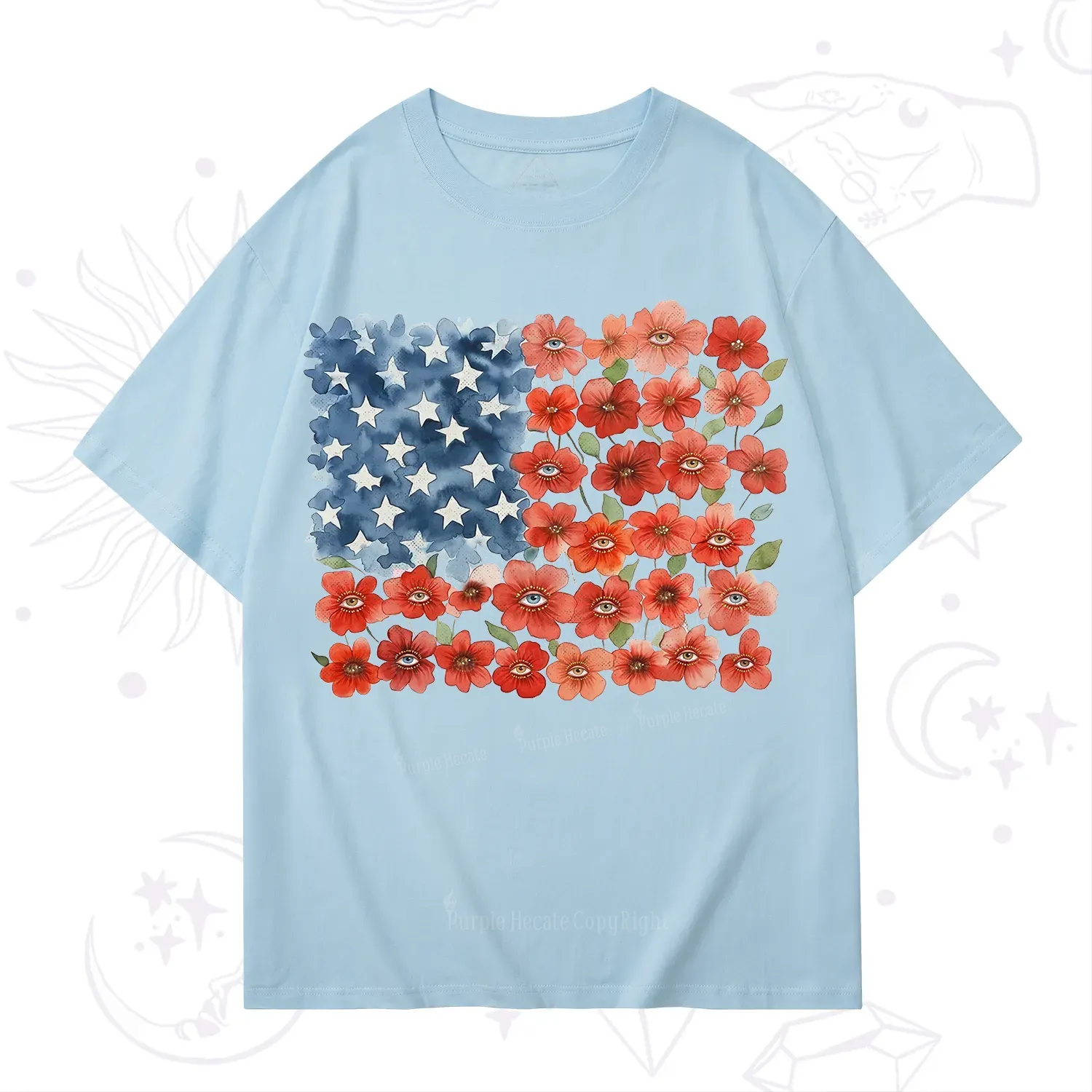 Purplehecate Floral Watercolor American Flag T-Shirt