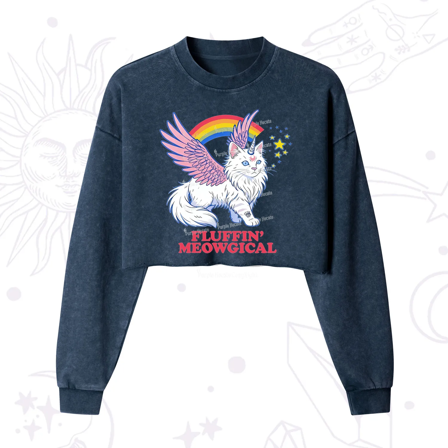 Purplehecate Fluffin Meowgical Cropped Washed Sweatshirt