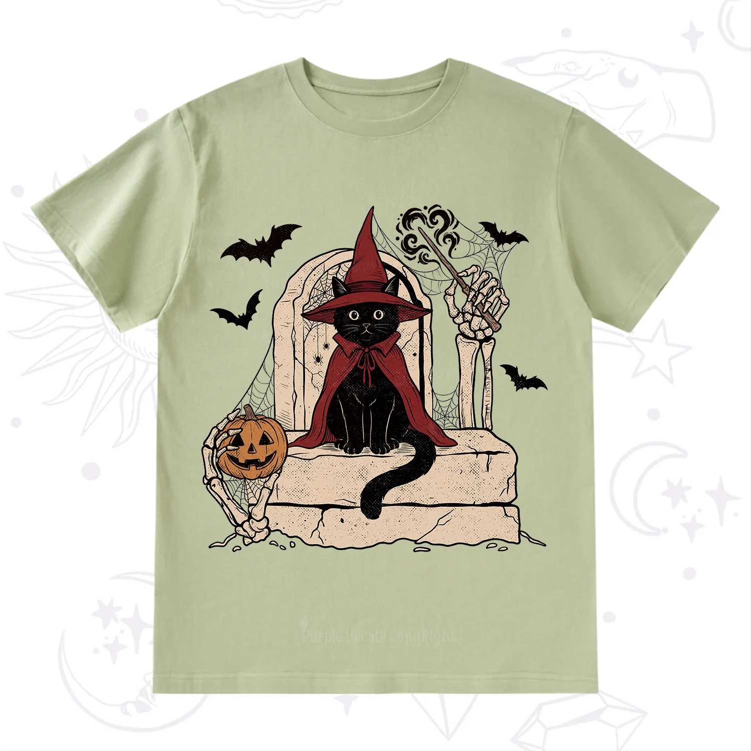 Purplehecate Wizard Black Cat on the Tombstone Halloween T-Shirt