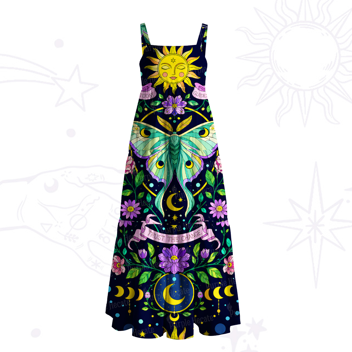 Purplehecate Floral Moths Moonlit Wide Straps Maxi Dress
