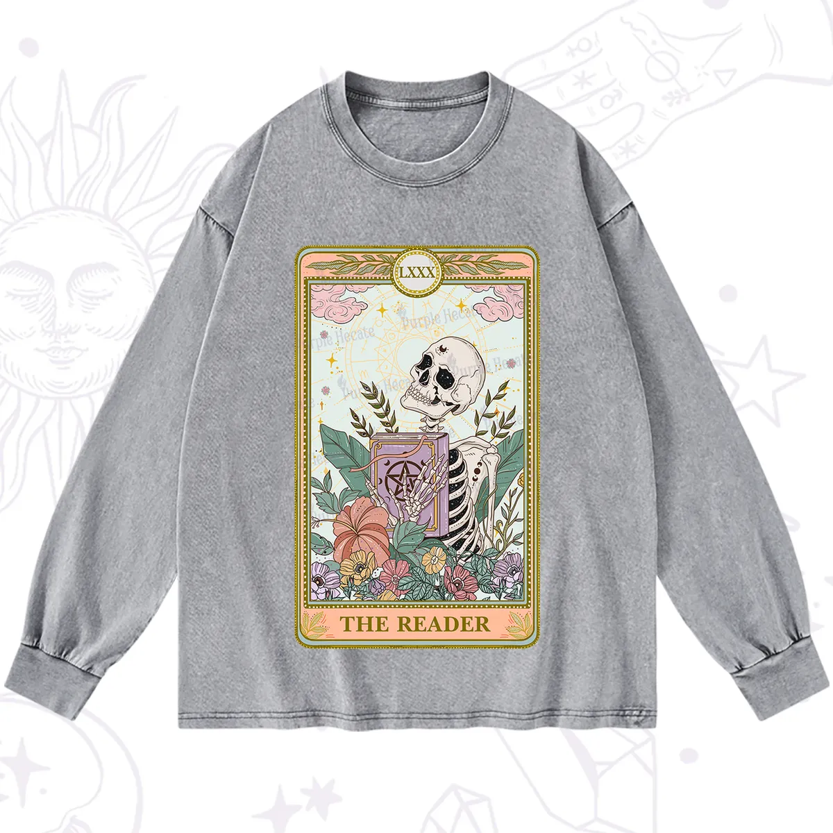 Purplehecate The Reader Occult Tarot Skeleton Washed Long Sleeve Shirt