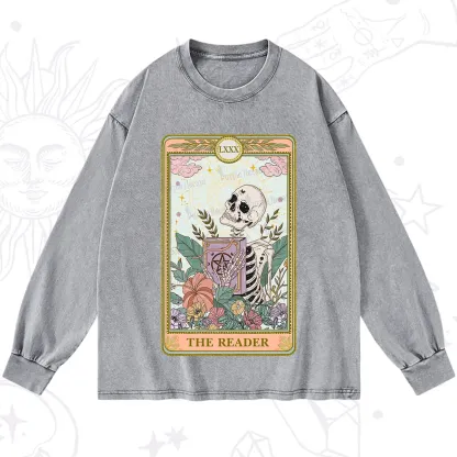 Purplehecate The Reader Occult Tarot Skeleton Washed Long Sleeve Shirt