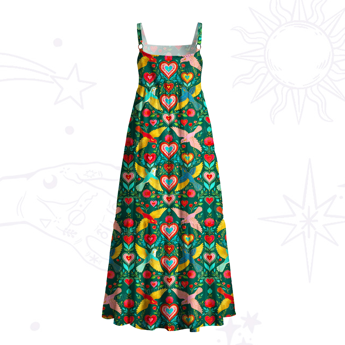 Purplehecate Sacred Hearts Spirit Birds Wide Straps Maxi Dress