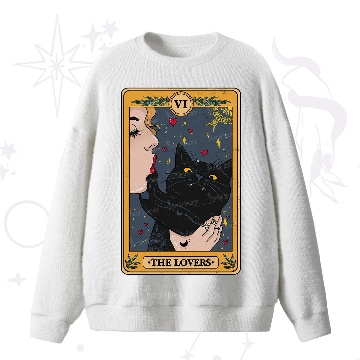 Purplehecate The Lovers Cat Tarot Fuzzy Ugly Sweater