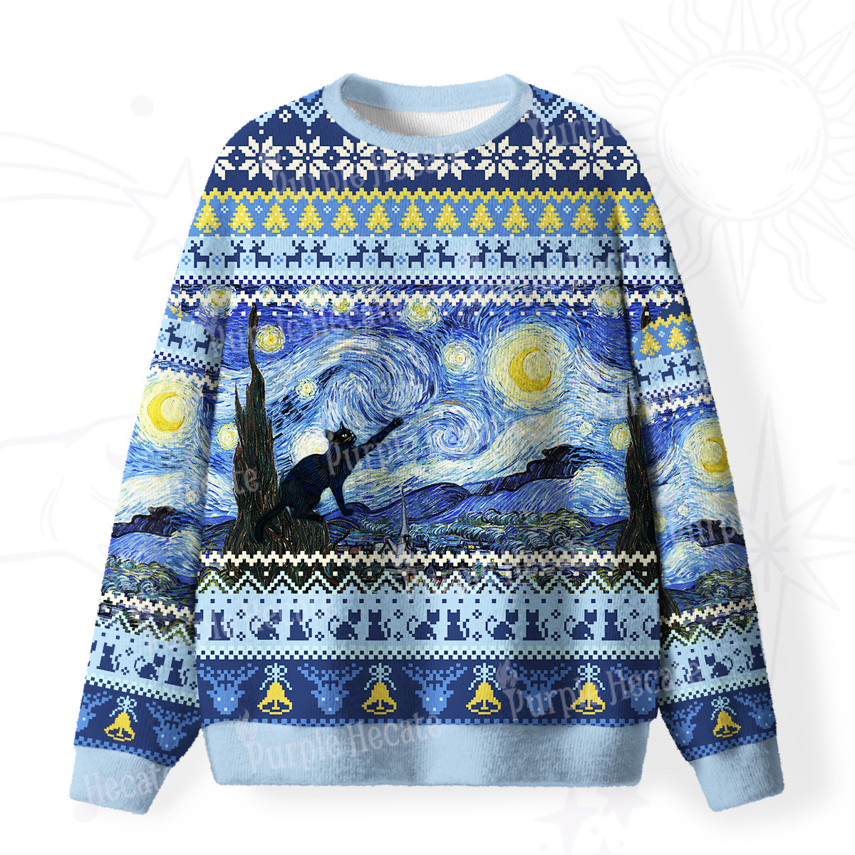 Purplehecate Witch Cat Under the Starry Night Fuzzy Ugly Christmas Sweatshirt